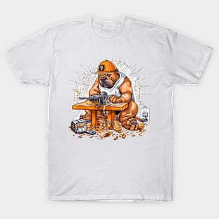 A Carpenter English Bulldog with a saw and sandpaper, carving a wooden sculpture of itself T-Shirt